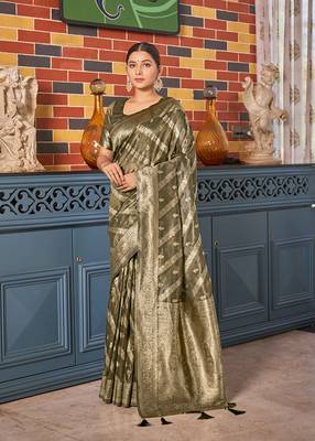 Mehendi Green simmer silk blend zari weaving saree 1