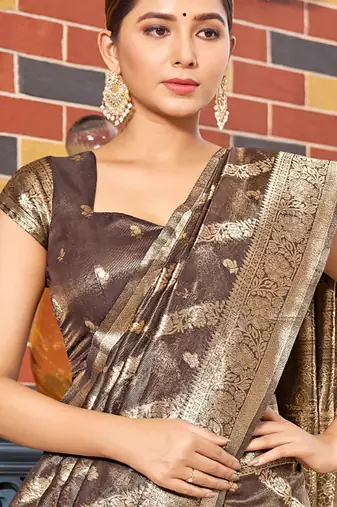 Coffee Brown simmer silk blend zari weaving saree