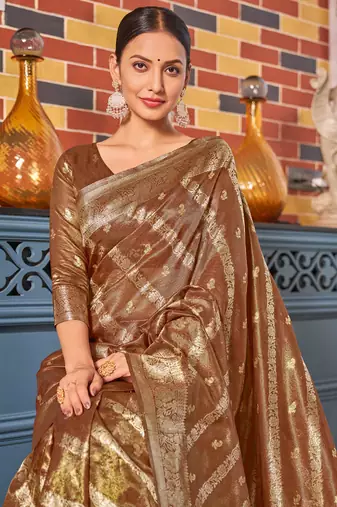 Rust simmer silk blend zari weaving saree