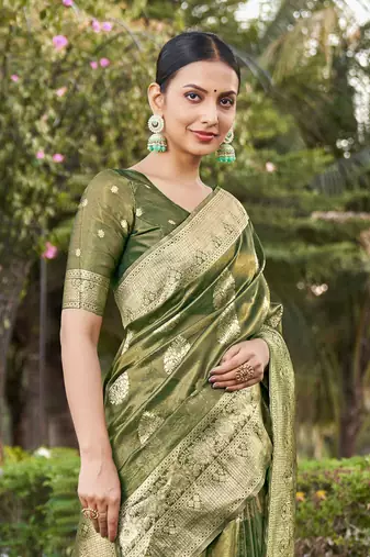 Light Green simmer silk blend zari weaving saree