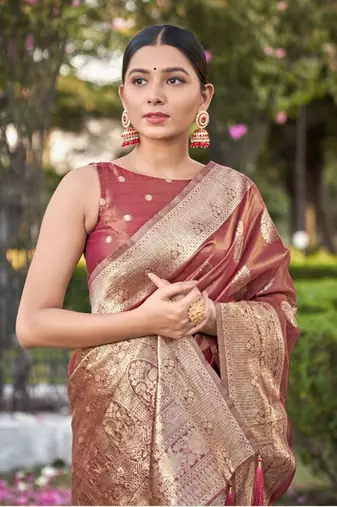 Rust simmer silk blend zari weaving saree