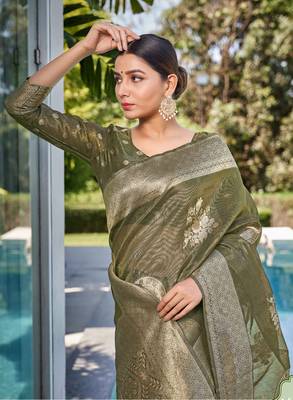 Mehendi Green simmer silk blend zari weaving saree 2