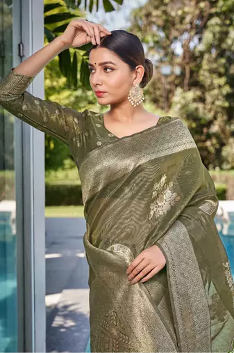 Mehendi Green simmer silk blend zari weaving saree
