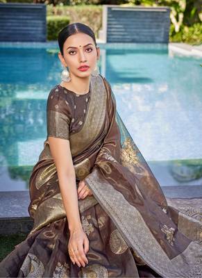 Coffee Brown simmer silk blend zari weaving saree 2