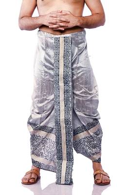 Silver Hand Block Print Dupion Silk Dhoti For Men 1