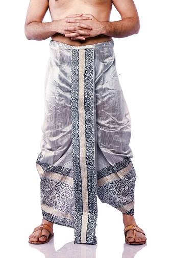 Silver Hand Block Print Dupion Silk Dhoti For Men