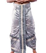 Silver Hand Block Print Dupion Silk Dhoti For Men