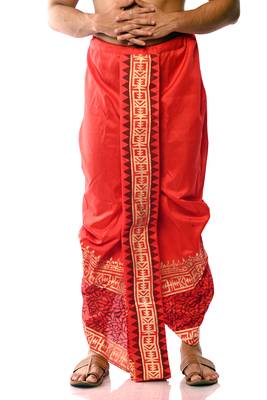 Red Hand Block Print Dupion Silk Dhoti For Men 1