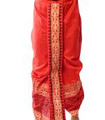 Red Hand Block Print Dupion Silk Dhoti For Men