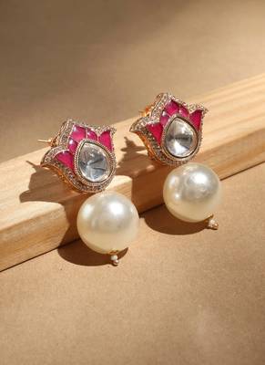 Meenakari work rose design earrings with pearl drops 1