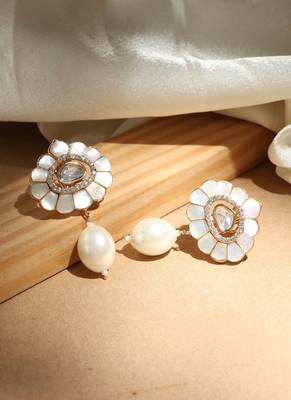 Statement studs with monalisa white stone and pearl drops 2