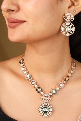 Colorful borderline necklace with circle pendant & matching earrings 1