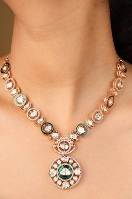 Colorful borderline necklace with circle pendant & matching earrings 4