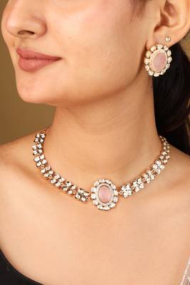 Gold-plated flower pendant necklace with pastel pink stone & matching earrings 1