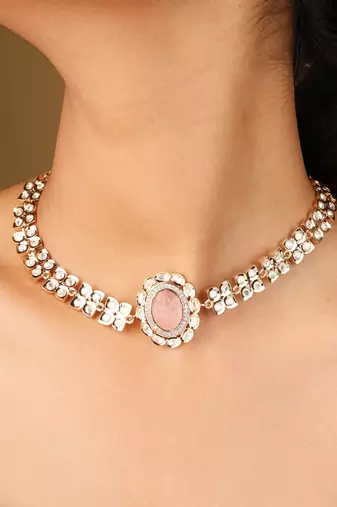 Gold-plated flower pendant necklace with pastel pink stone & matching earrings