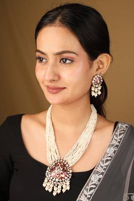 Stunning raindrop pendant necklace with red & transparent stones & pearl jhumkis 1