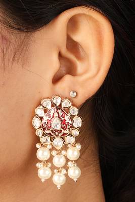 Stunning raindrop pendant necklace with red & transparent stones & pearl jhumkis 2