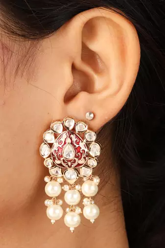 Stunning raindrop pendant necklace with red & transparent stones & pearl jhumkis