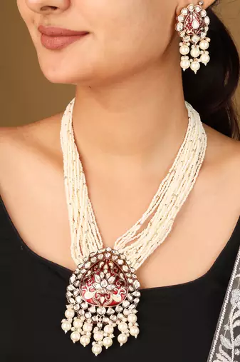Stunning raindrop pendant necklace with red & transparent stones & pearl jhumkis