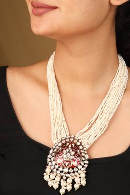 Stunning raindrop pendant necklace with red & transparent stones & pearl jhumkis 4