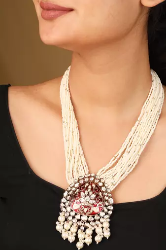 Stunning raindrop pendant necklace with red & transparent stones & pearl jhumkis