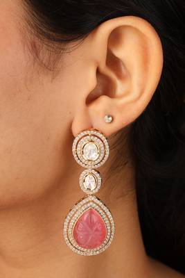 Gold-plated necklace with circle transparent stones & pink pendant set 2