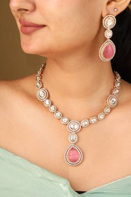 Gold-plated necklace with circle transparent stones & pink pendant set 1