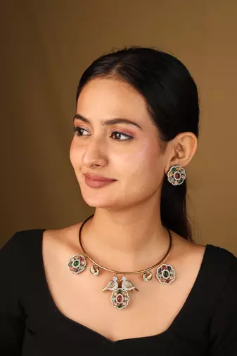 Gold-plated circle necklace with colorful flower pendants, matching earrings & maang tikka