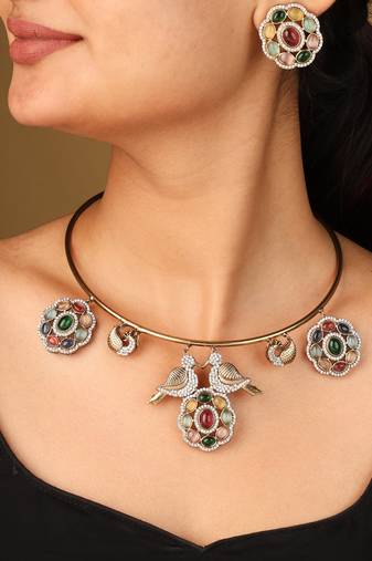 Gold-plated circle necklace with colorful flower pendants, matching earrings & maang tikka