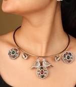 Gold-plated circle necklace with colorful flower pendants, matching earrings & maang tikka