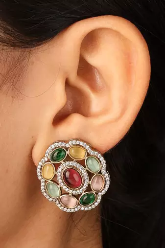 Gold-plated circle necklace with colorful flower pendants, matching earrings & maang tikka