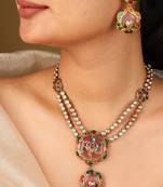 Colorful flower pendant necklace with transparent stone chain & matching earrings