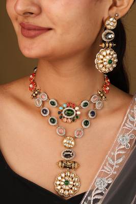 Curved colorful stone necklace with engraved circle pendant & matching earrings 1