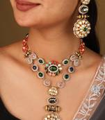 Curved colorful stone necklace with engraved circle pendant & matching earrings