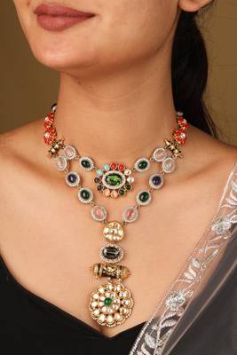 Curved colorful stone necklace with engraved circle pendant & matching earrings 4