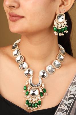 Necklace with shapeless transparent kundan stones & dark green jhumkis 1