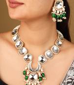 Necklace with shapeless transparent kundan stones & dark green jhumkis