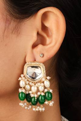Necklace with shapeless transparent kundan stones & dark green jhumkis 3