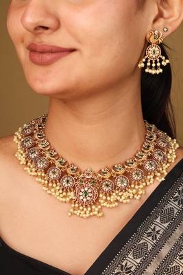 Gold-plated guttapusalu necklace with red stone accents, jhumkis & pearl pendant 1
