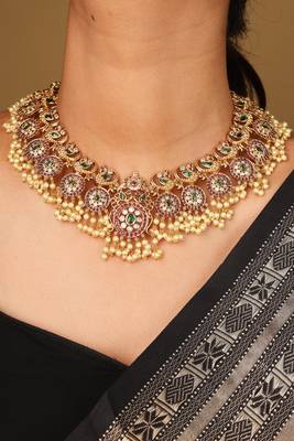 Gold-plated guttapusalu necklace with red stone accents, jhumkis & pearl pendant 4