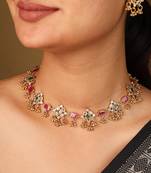 Elegant red stone necklace with curved detailing & matching earrings