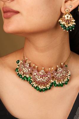 Moon-shaped pendant necklace with dark green jhumkis & matching earrings 1