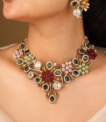 V-shaped colorful floral statment necklace with matching earrings