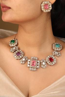 Colorful harmony necklace set     square stones & elegant accents 1