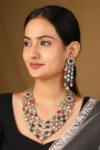 Layered necklace with navratan stones     statement piece