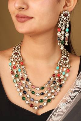 Layered necklace with navratan stones     statement piece 1