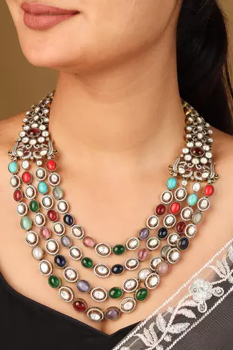 Layered necklace with navratan stones     statement piece