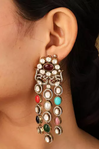 Layered necklace with navratan stones     statement piece