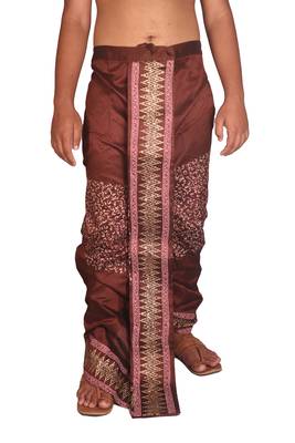 Brown Hand Block Print Dupion Silk Dhoti For Men 1