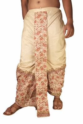 Cream  Hand Block Print Dupion Silk Dhoti For Men 1